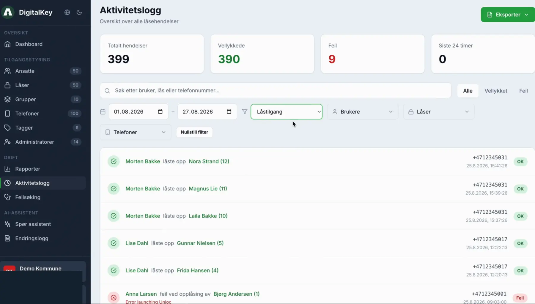 Aktivitetslogg med hendelser og filtre