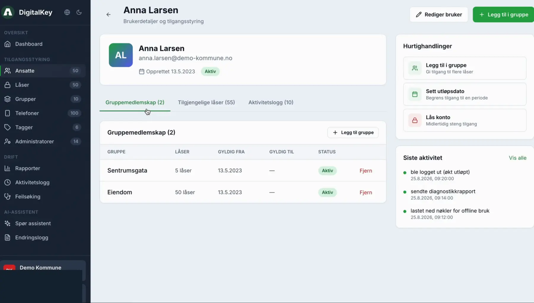 Ansattprofil med grupper og tilgjengelige låser